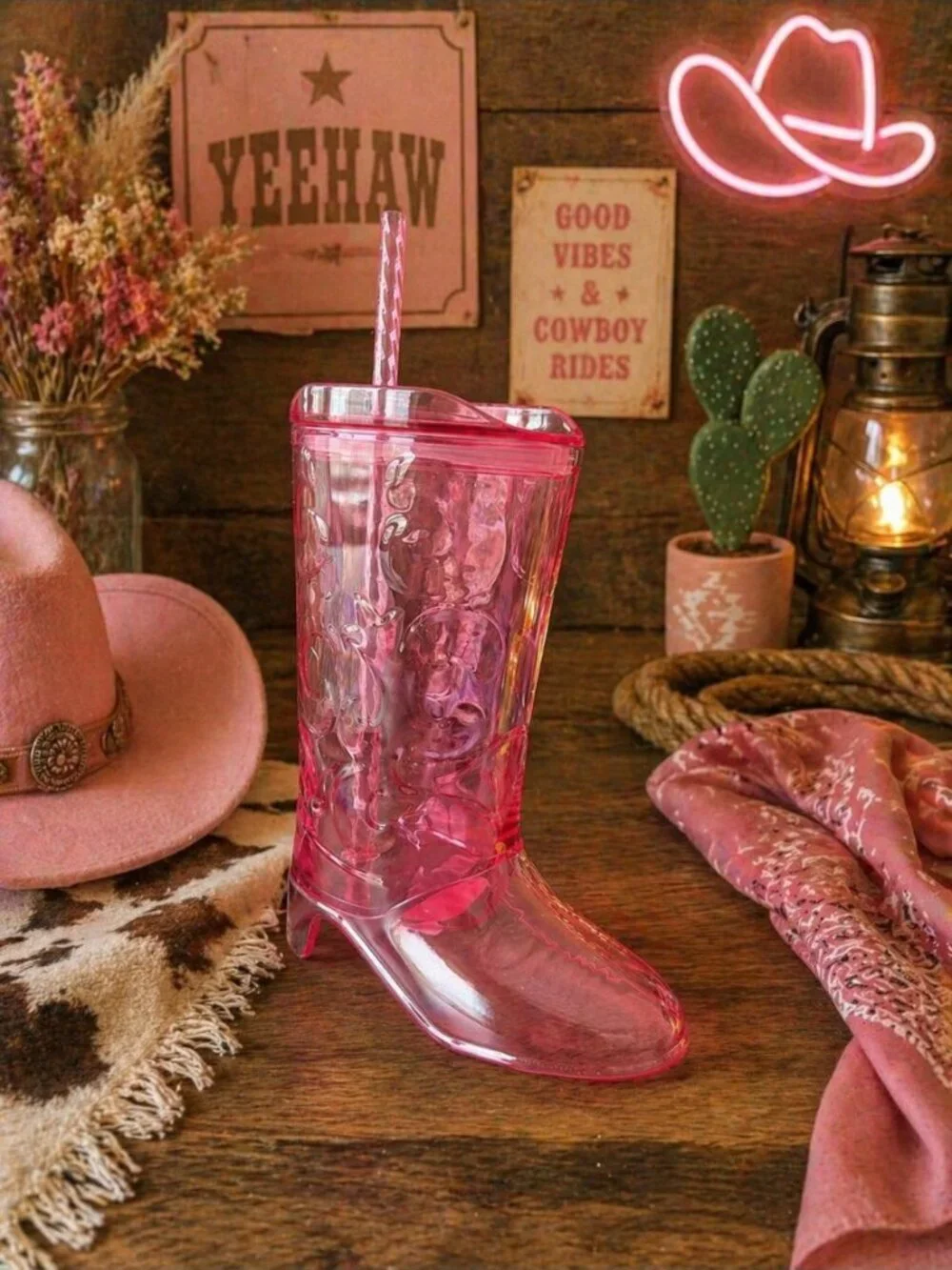 New Pink Cowboy Boot Tumbler Cup w/ Straw Western Water Bottle Drink Cup